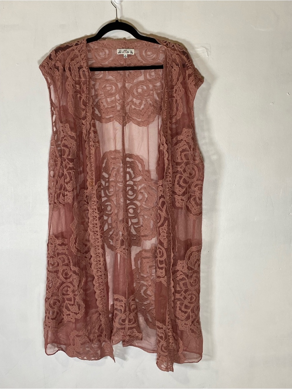 Pink Lace Kimono Duster Floral Mesh Boho XL Shabby Chic Fairycore‎ Sleeveless